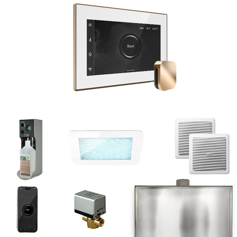 Mr Steam XDream Steam Shower Control Package with White iSteamX Control and Polished Gold Aromasteam Steamhead