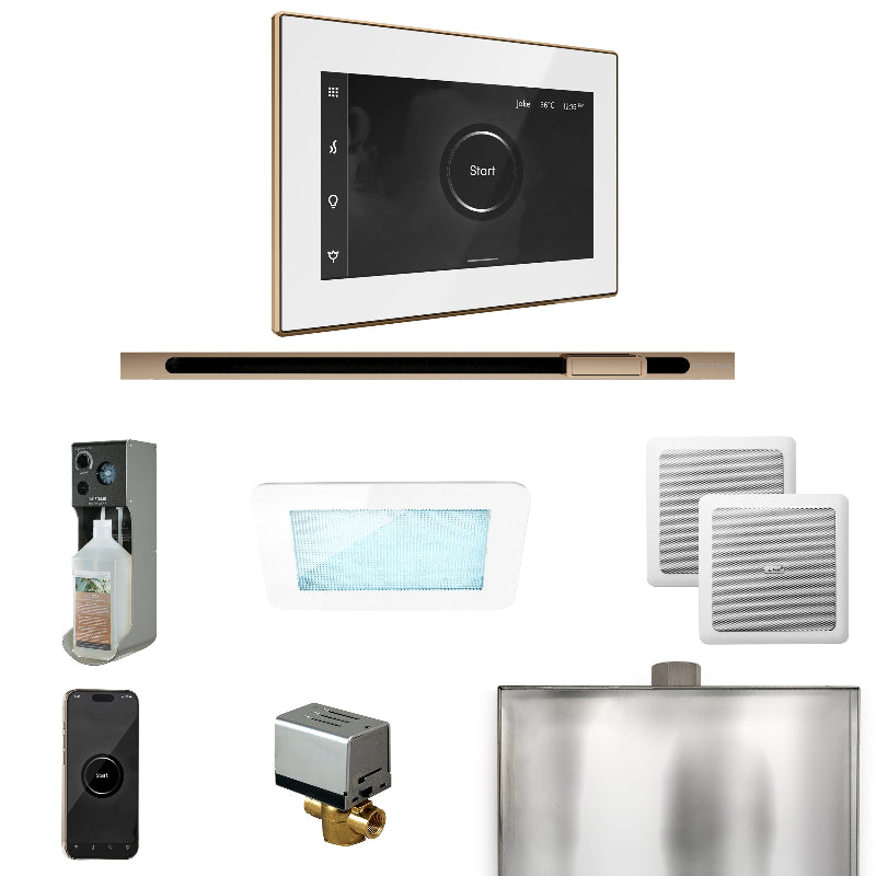 Mr Steam XDream Steam Shower Control Package with White iSteamX Control and Polished Gold Linear Steamhead