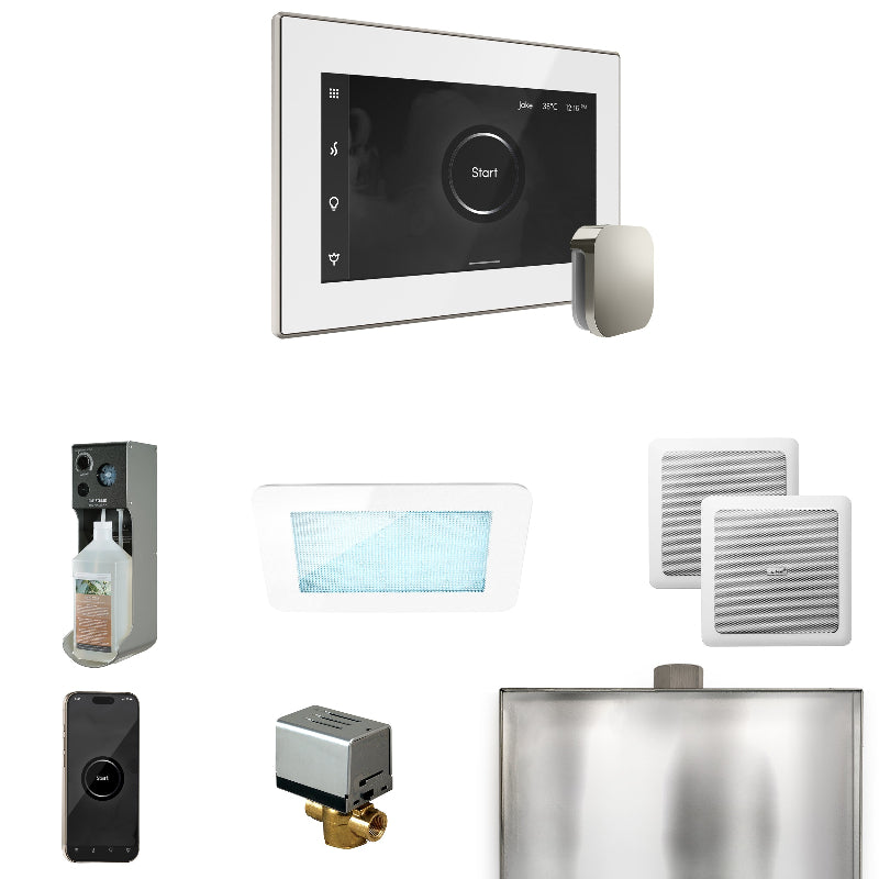 Mr Steam XDream Steam Shower Control Package with White iSteamX Control and Polished Nickel Aromasteam Steamhead