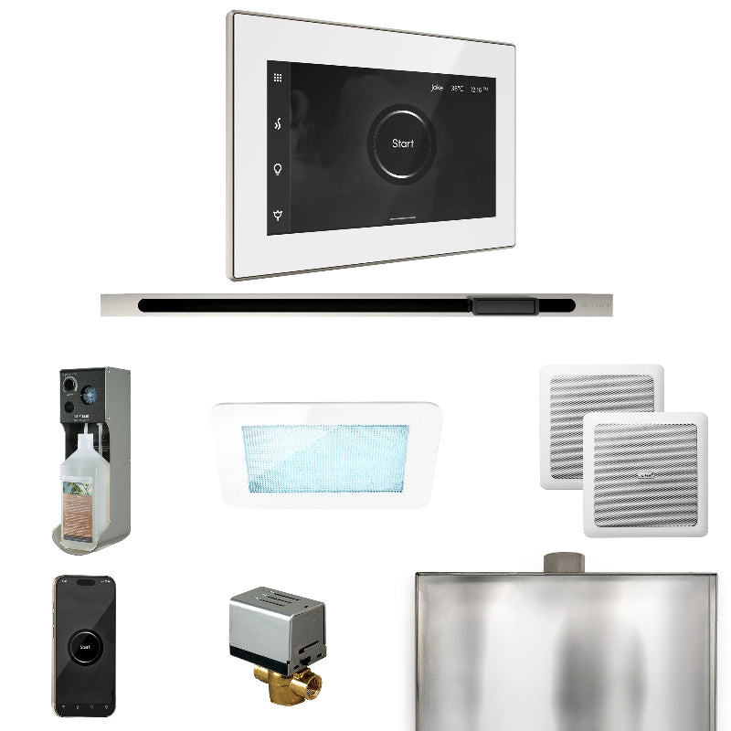 Mr Steam XDream Steam Shower Control Package with White iSteamX Control and Polished Nickel Linear Steamhead