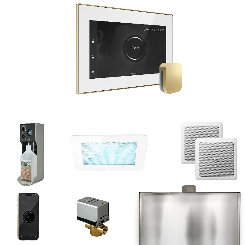Mr Steam XDream Steam Shower Control Package with White iSteamX Control and Satin Brass Aromasteam Steamhead