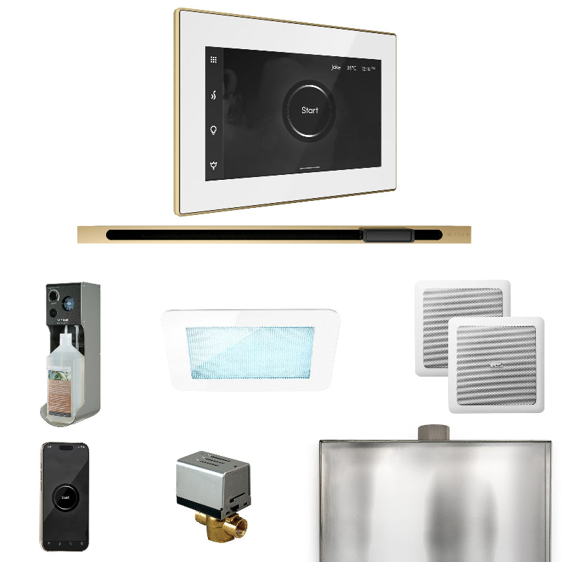 Mr Steam XDream Steam Shower Control Package with White iSteamX Control and Satin Brass Linear Steamhead