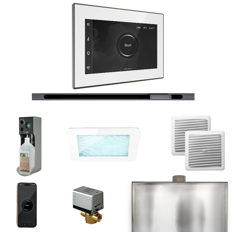Mr Steam XDream Steam Shower Control Package with White iSteamX Control and Satin Steel Linear Steamhead