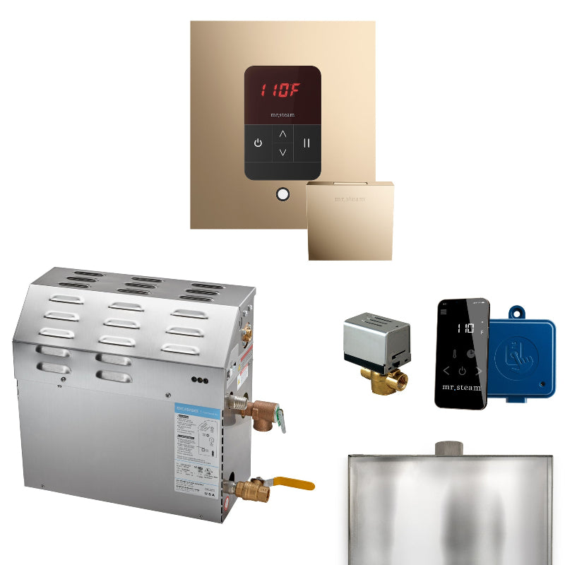 Mr Steam MS 5 kW (5000 W) Steam Shower Generator Package with iTempo Control and Accessories - Square Control in Polished Gold