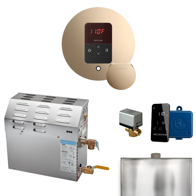 MS 7.5 kW Steam Shower Generator Package with Round Polished Gold iTempo Control and Accessories