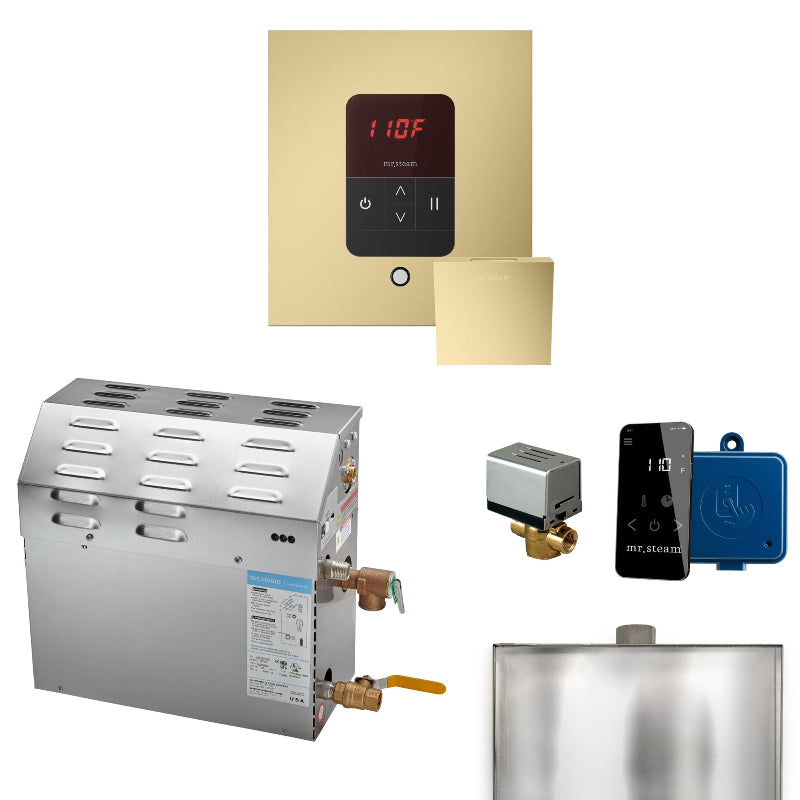 MS 7.5 kW Steam Shower Generator Package with Square Satin Brass iTempo Control and Accessories