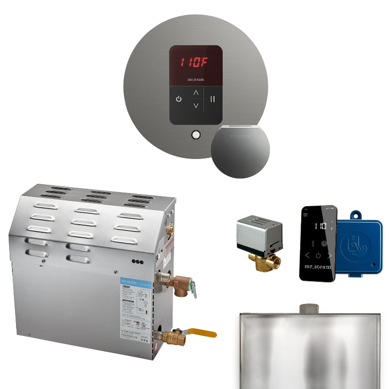 MS 9 kW (9000 W) Steam Shower Generator Package with Round Satin Steel iTempo Control and Accessories