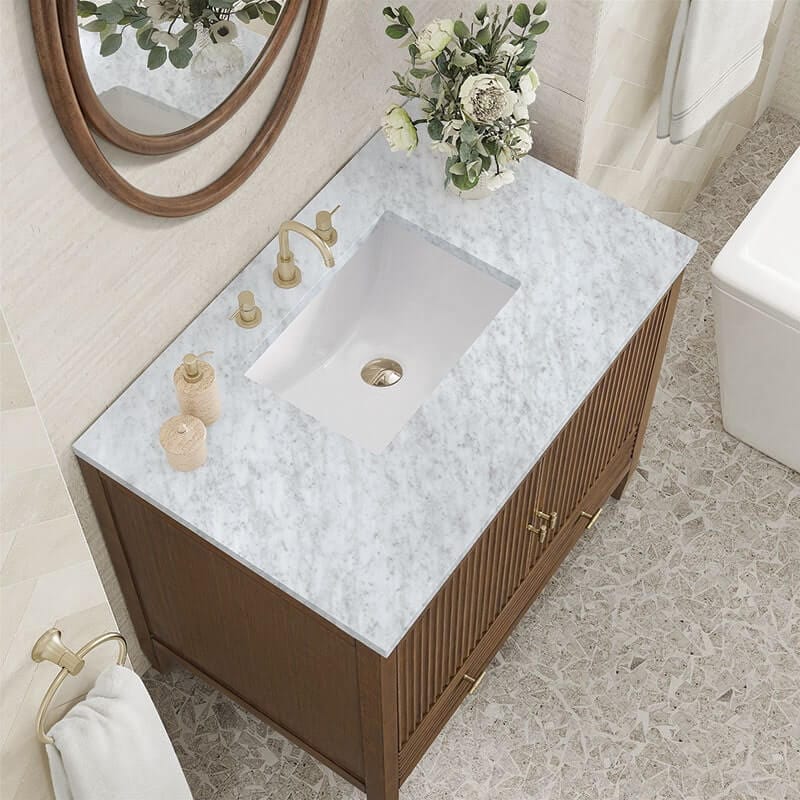 Myrrin 36 Inch Single Vanity Century Walnut Carrara White Marble Top