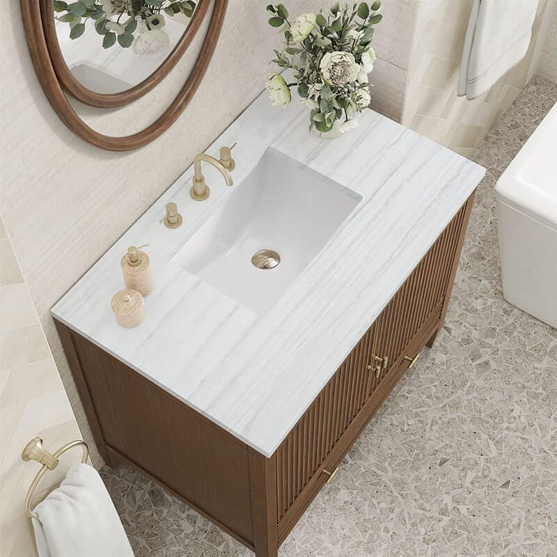 Myrrin 36" Single Vanity Century Walnut Arctic Fall Solid Surface Top