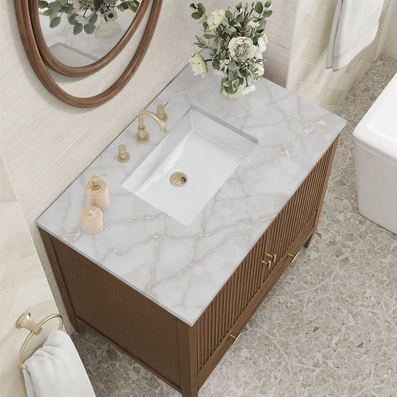 Myrrin 36 Single Vanity Century Walnut Victorian Silver Silestone Top