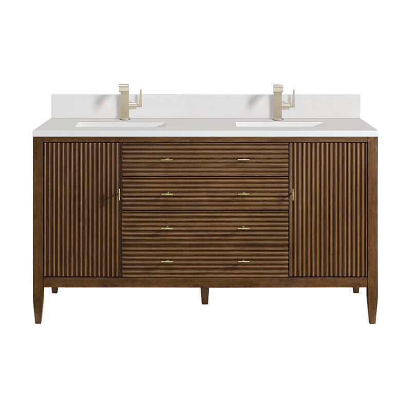 Myrrin 60" Double Vanity Century Walnut Single Hole Faucet White Zeus Silestone Top & Backsplash