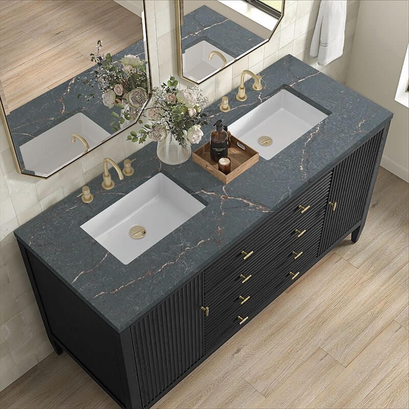 Myrrin 60 Inch Double Vanity Carbon Oak Parisien Bleu Silestone Top