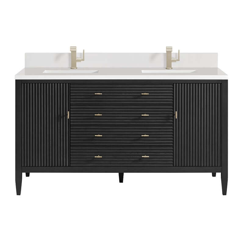 Myrrin 60 Inch Double Vanity Carbon Oak Single Hole Faucet White Zeus Silestone Top & Backsplash