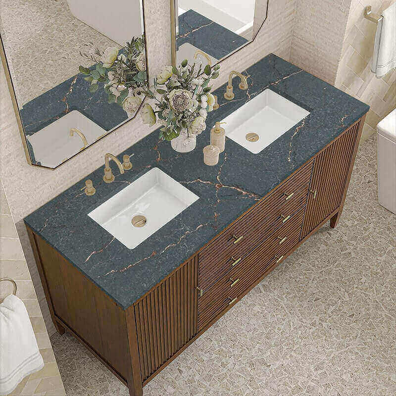 Myrrin 60 Inch Double Vanity Century Walnut Parisien Bleu Silestone Top