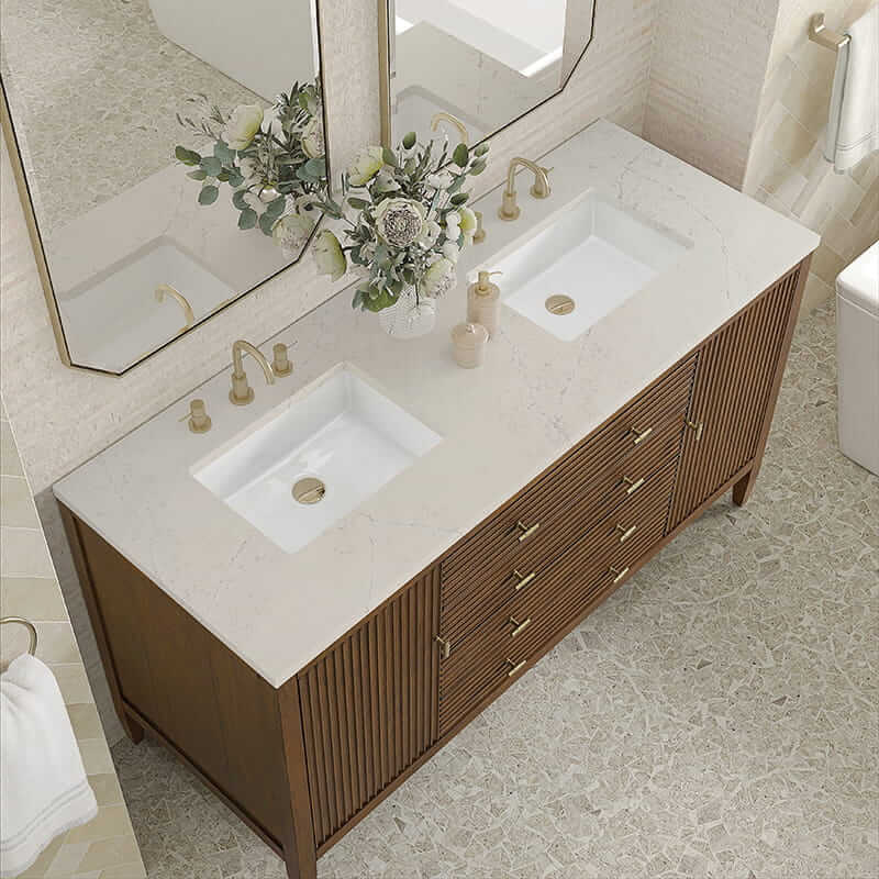 Myrrin 60 Inch Double Vanity in Mid Century Walnut With Siberian Silestone Top