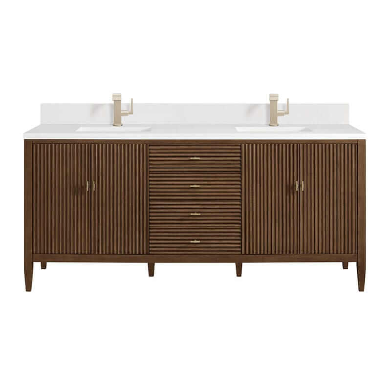 Myrrin 72 Inch Double Vanity Century Walnut Single Hole Faucet White Zeus Silestone Top & Backsplash