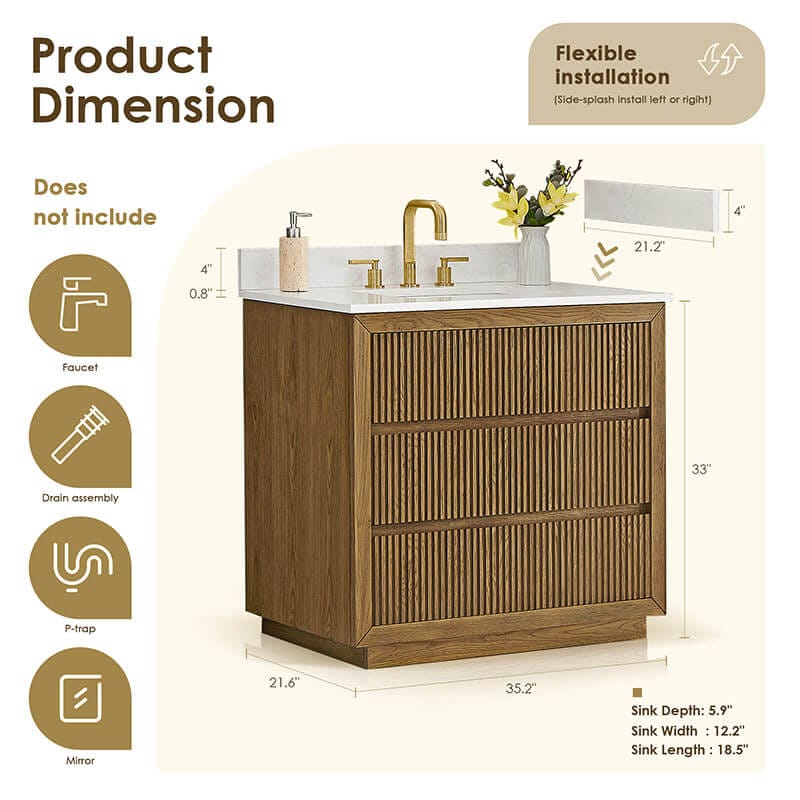 Navan 36 inch Single Bathroom Vanity with Top Weathered Brown Dimension