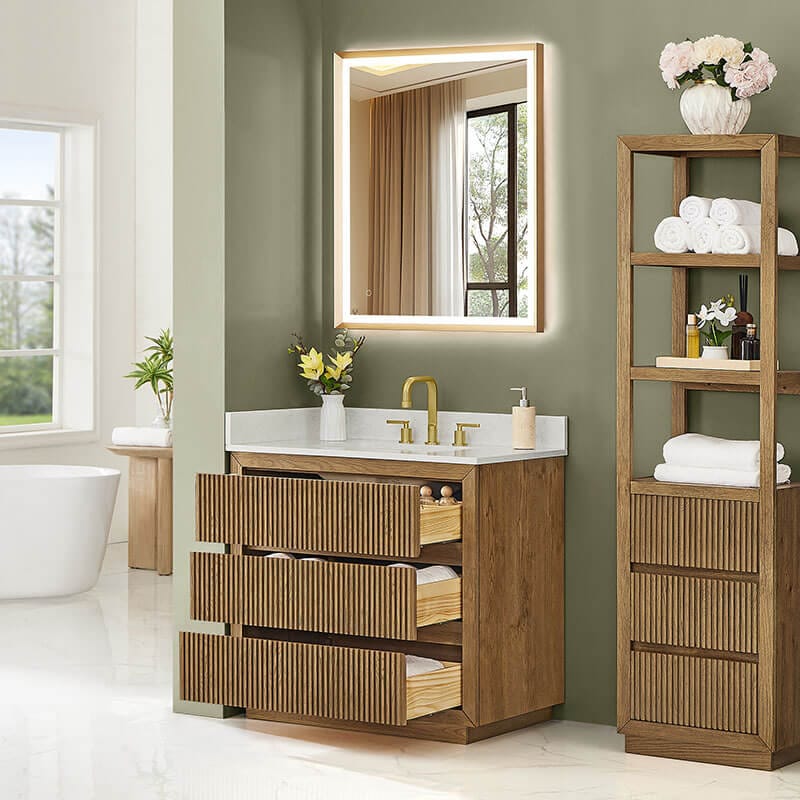Navan 36 inch Single Bathroom Vanity with Top Weathered Brown Open Drawer