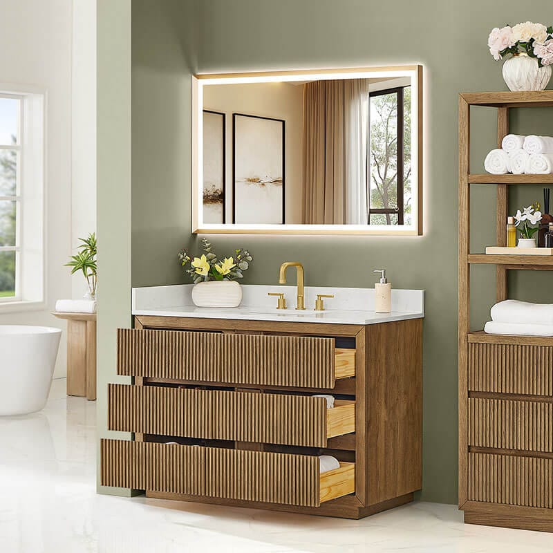 Navan 48 inch Single Bathroom Vanity with Top Weathered Brown Side View Open Drawer
