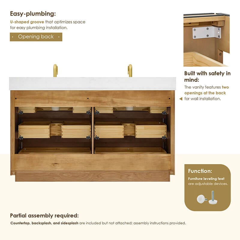 Navan 60 inch Double Bathroom Vanity with Top Weathered Brown Back View