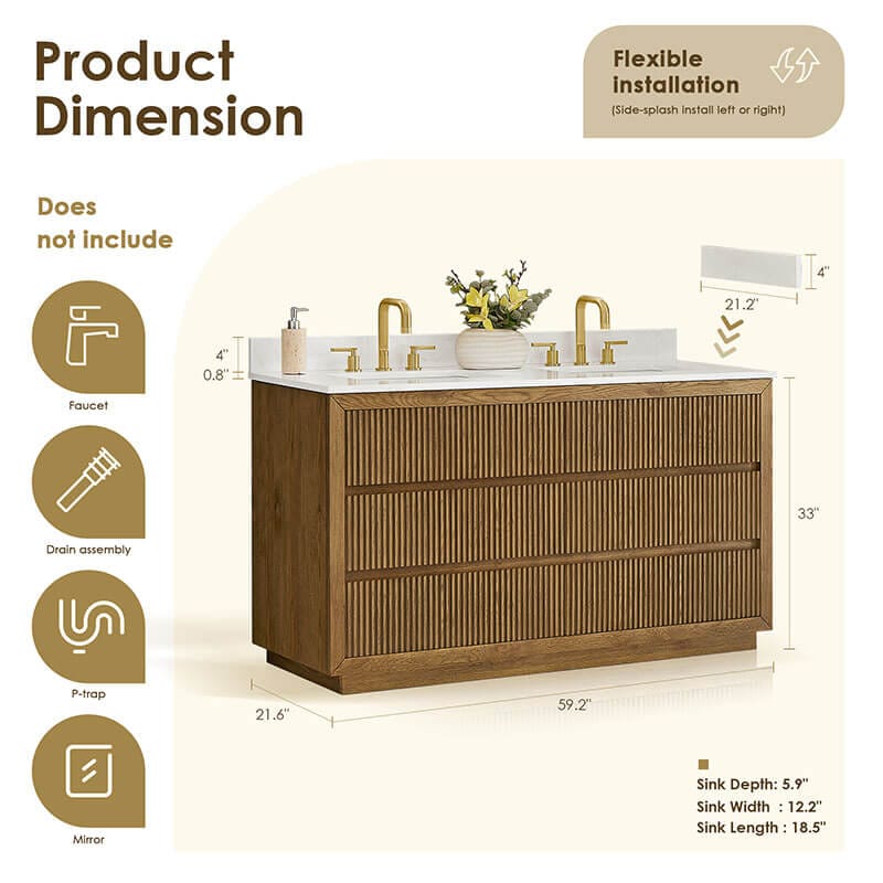 Navan 60 inch Double Bathroom Vanity with Top Weathered Brown Dimension