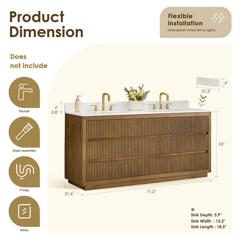Navan 72 Double Bathroom Vanity with Top Weathered Brown Dimension