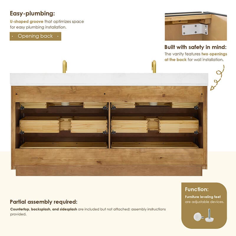 Navan 72 inch Double Bathroom Vanity with Top Weathered Brown Back View