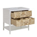 Olena 36 Inch Single Vanity in Light Mappa Burl and Polished White With Coutertop Corner View Open Drawers