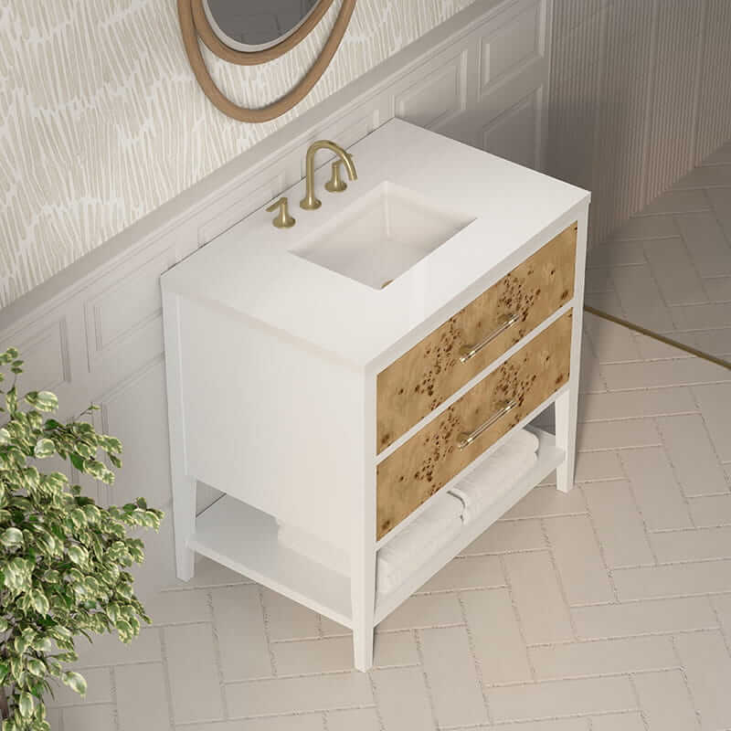 Olena 36 Inch Single Vanity in Light Mappa Burl and Polished White With White Zeus Silestone Top