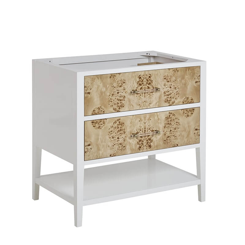 Olena 36 Inch Single Vanity Light Mappa Burl and Polished White Corner View Close Drawer