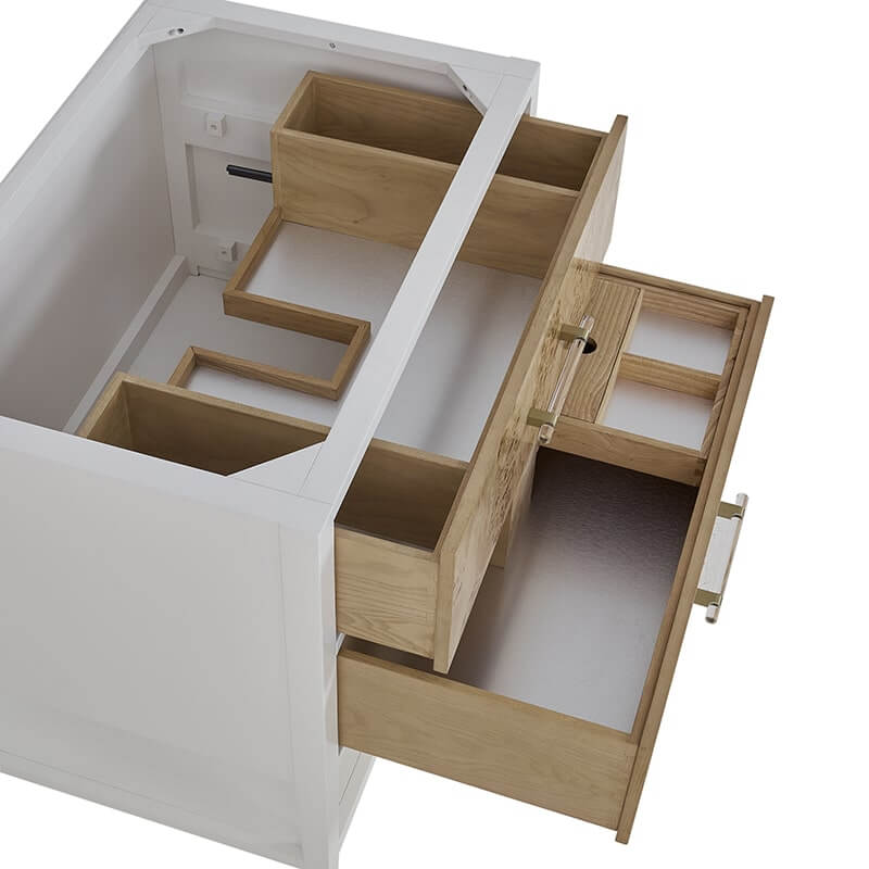 Olena 36 Inch Single Vanity Light Mappa Burl and Polished White Top View Drawers