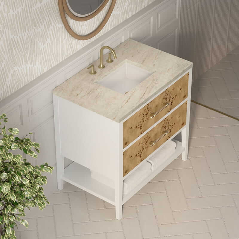 Olena 36" Single Vanity in Light Mappa Burl and Polished White With Tajnar Eclos Top