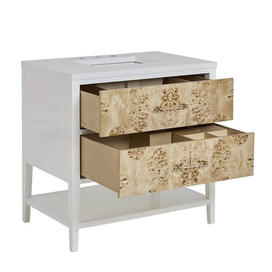Olena 36" Single Vanity Light Mappa Burl and Polished White Corner View Open Drawer