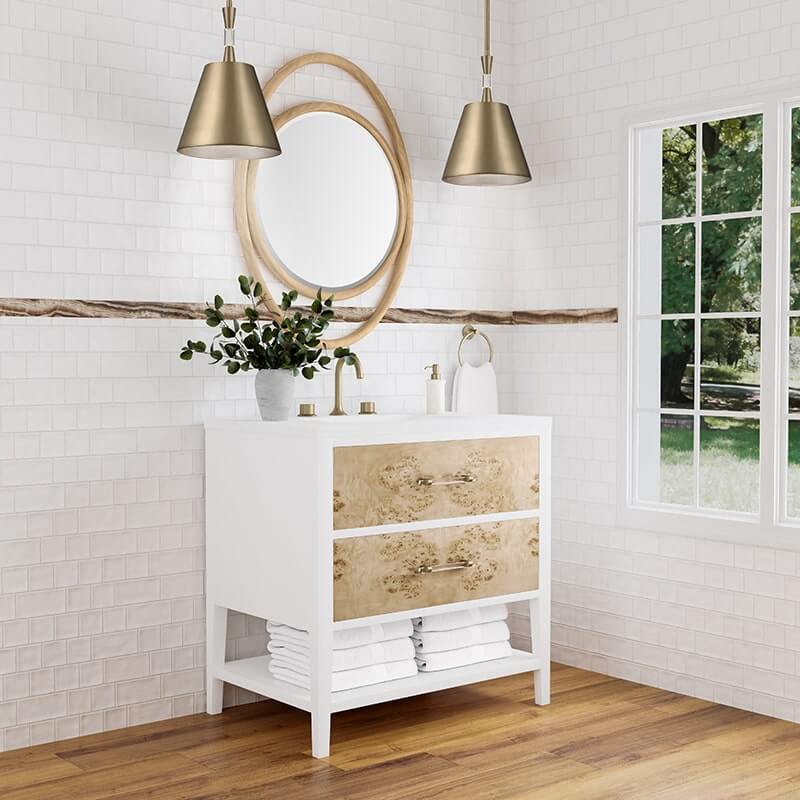 Olena 36" Single Vanity Light Mappa Burl and Polished White With White Zeus Silestone Top Corner View