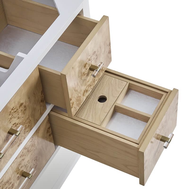 Olena 48 Inch Single Vanity in Light Mappa Burl and Polished White Top View Drawers