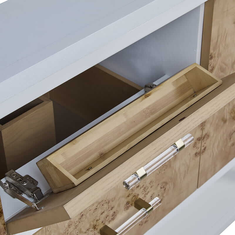 Olena 48 Inch Single Vanity in Light Mappa Burl and Polished White With an Integrated Lower Shelf