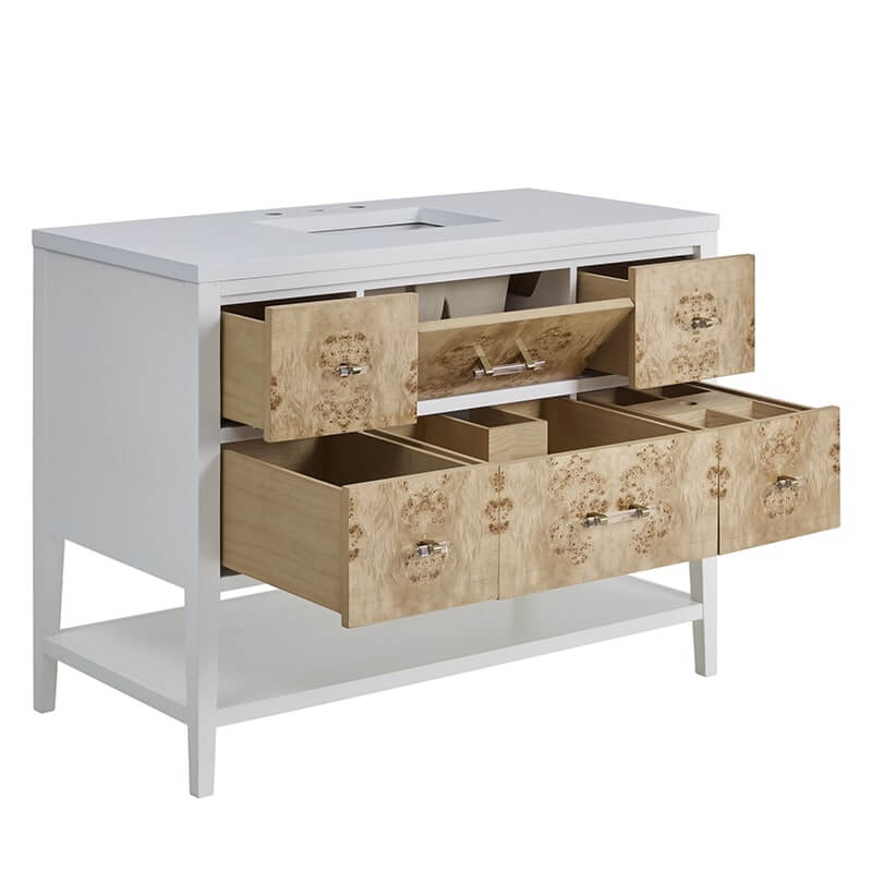 Olena 48 Inch Single Vanity in Light Mappa Burl and Polished White With Countertop Corner View Opened Drawers