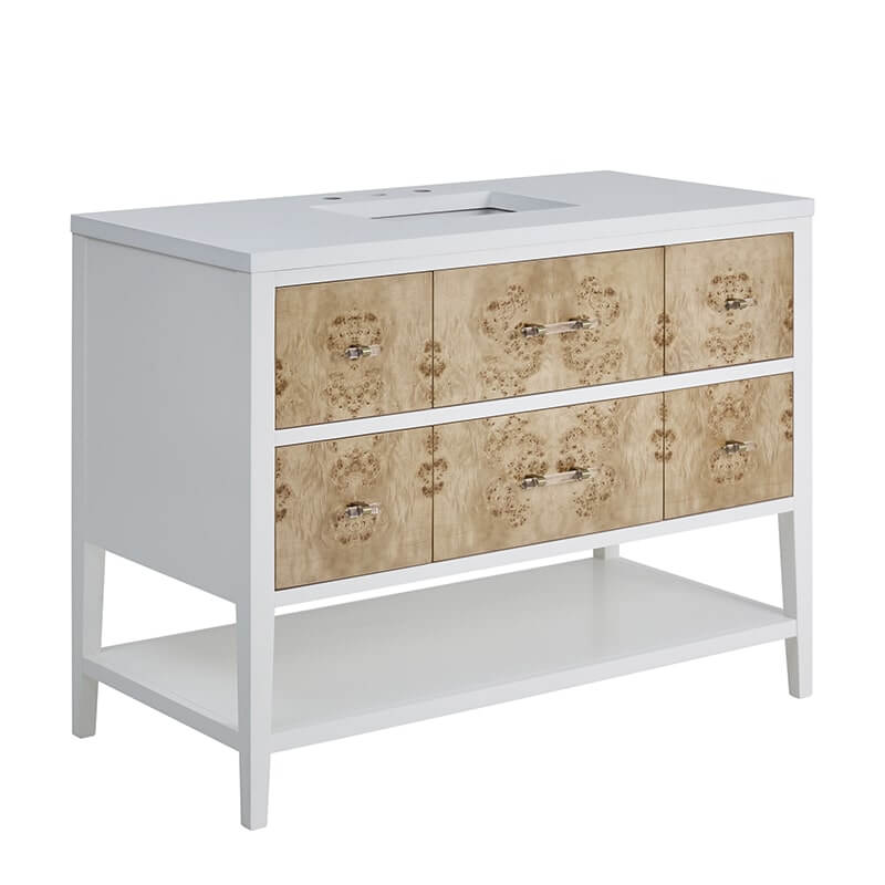 Olena 48" Single Vanity in Light Mappa Burl and Polished White Corner View Close Drawer