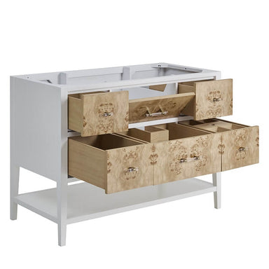 Olena 48" Single Vanity in Light Mappa Burl and Polished White Corner View Opened Drawers