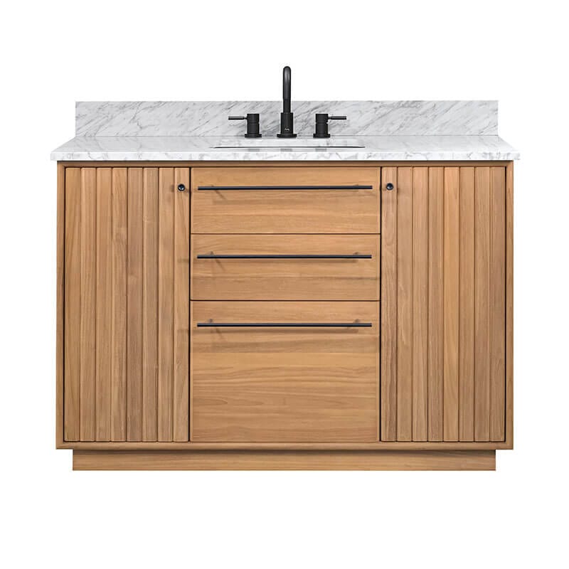 Parker 48 inch Single Sink Teak Bathroom Vanity Natural Teak in Carrara White Marble Front View
