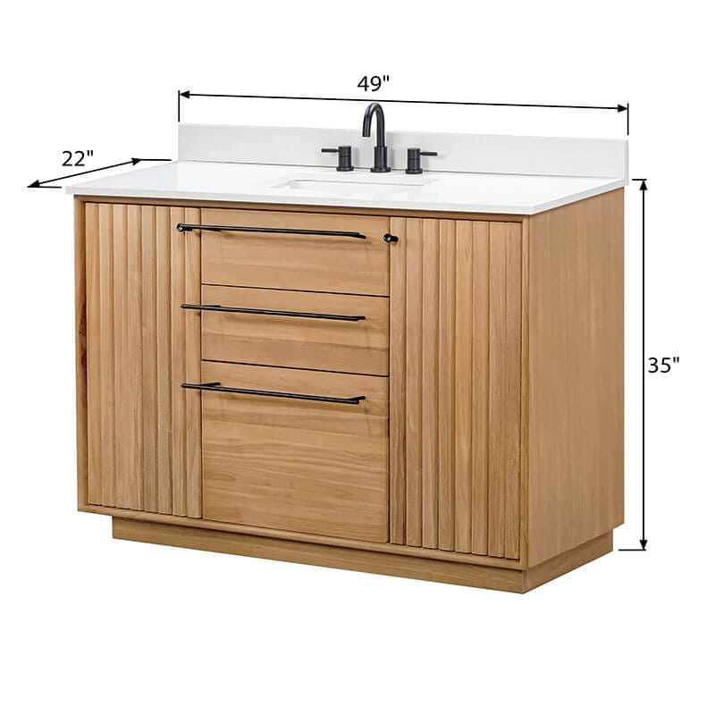Parker 48 inch Single Sink Teak Bathroom Vanity Natural Teak in White Engineered Stone Dimension