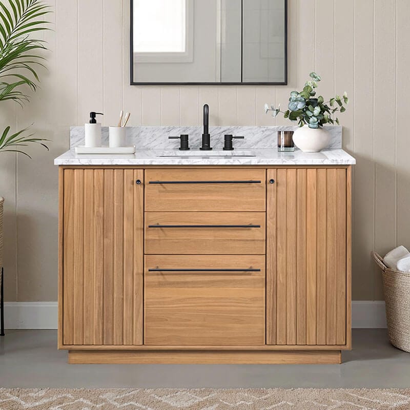 Parker 48 Single Sink Teak Bathroom Vanity Natural Teak in Carrara White Marble Front View