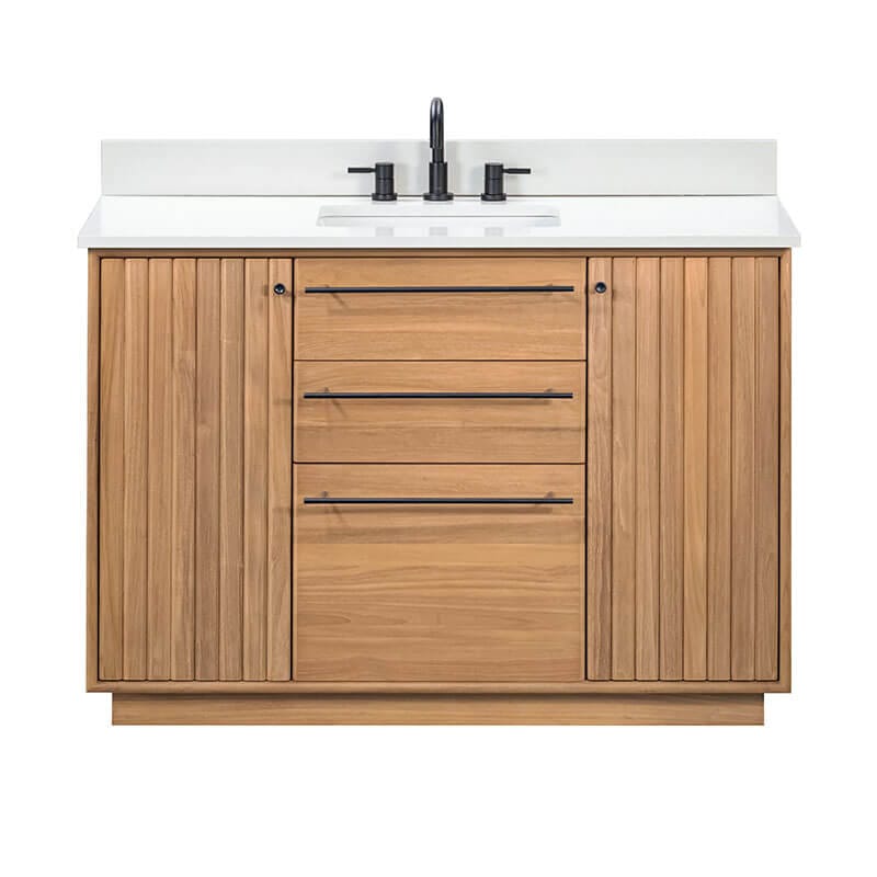 Parker 48 Single Sink Teak Bathroom Vanity Natural Teak in White Engineered Stone Front View
