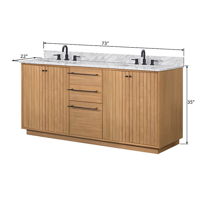 Parker 72 Double Sink Teak Bathroom Vanity Natural Teak in Carrara White Marble Dimension
