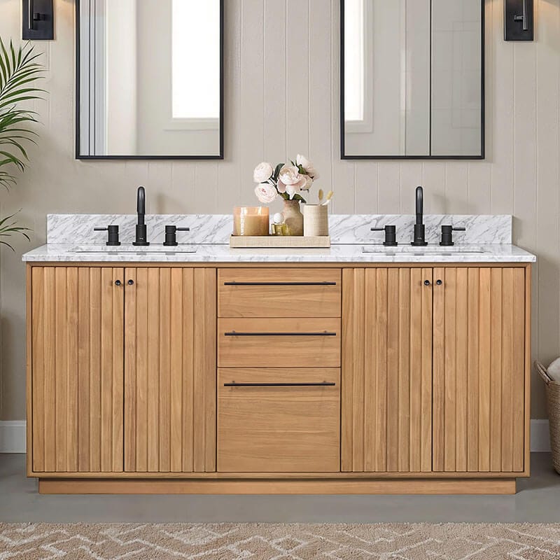Parker 72 inch Double Sink Teak Bathroom Vanity Natural Teak in Carrara White Marble Front View