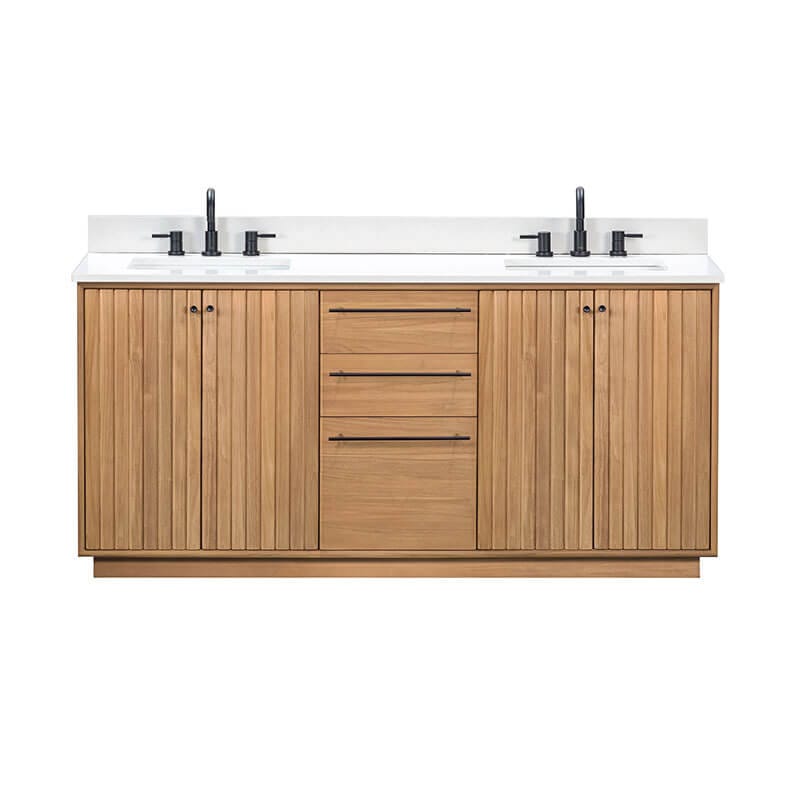 Parker 72 inch Double Sink Teak Bathroom Vanity Natural Teak in White Engineered Stone Front View