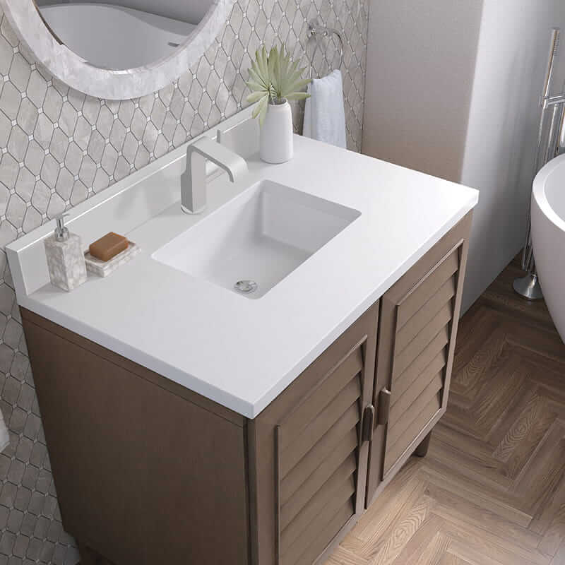 Portland 36 Inch Single Vanity in Whitewashed Walnut With Single Hole Faucet White Zeus Silestone Top Backsplash