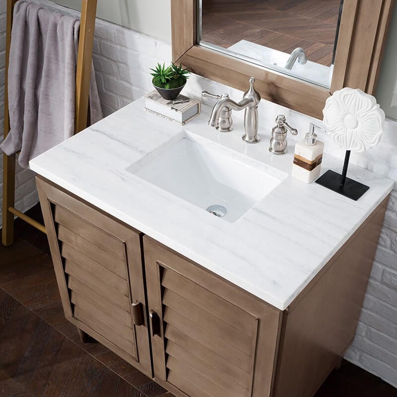 Portland 36 Inch Single Vanity Whitewashed Walnut Arctic Fall Solid Surface Top