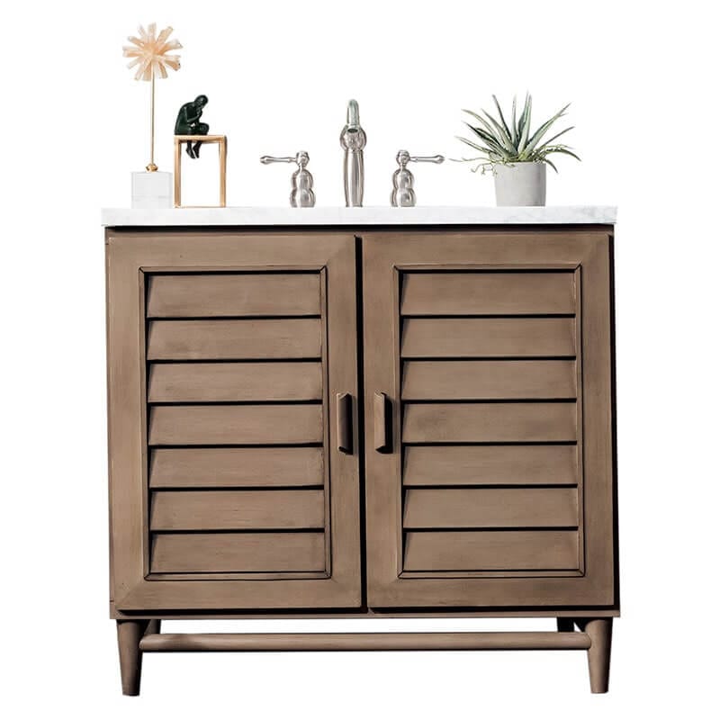 Portland 36 Inch Single Vanity Whitewashed Walnut Front View in White Background