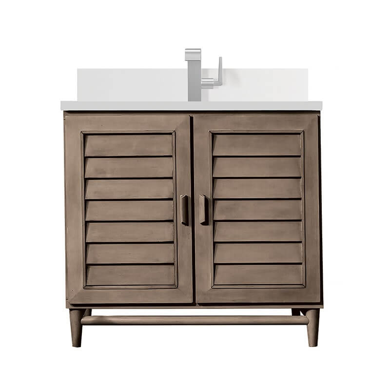 Portland 36 Single Vanity Whitewashed Walnut Single Hole Faucet White Zeus Silestone Top Backsplash
